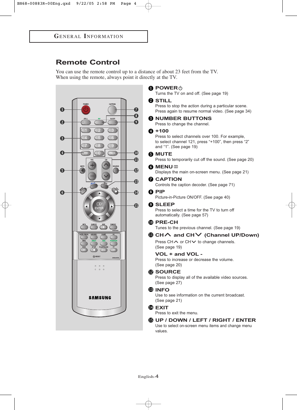 Remote control | Samsung LNR238WAX-XAA User Manual | Page 9 / 88