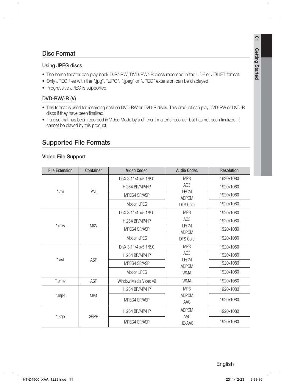 Disc format, Supported file formats | Samsung HT-D4500-ZA User Manual | Page 11 / 78