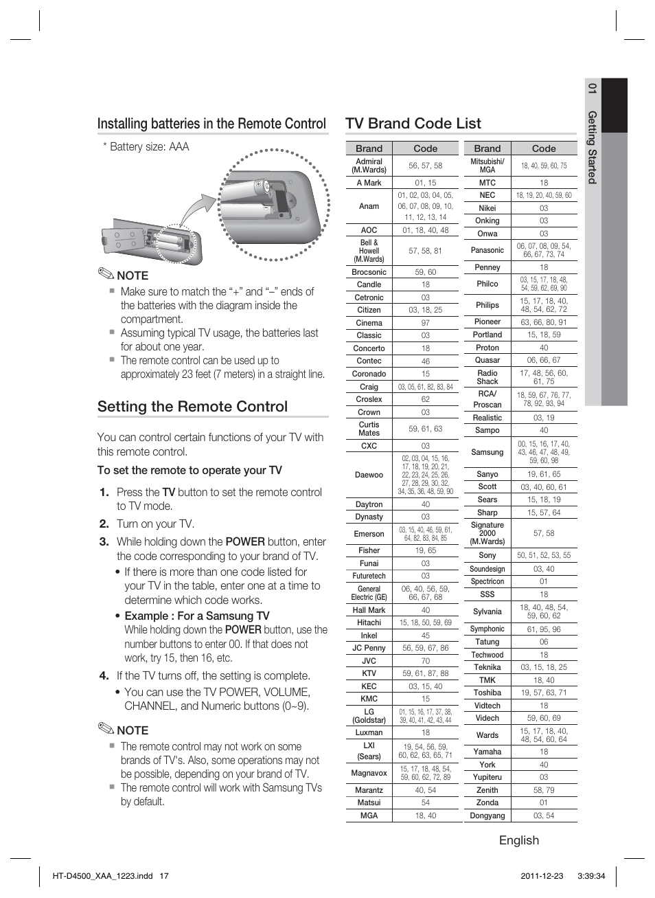 Installing batteries in the remote control, Setting the remote control, Tv brand code list | English, Battery size: aaa | Samsung HT-D4500-ZA User Manual | Page 17 / 78