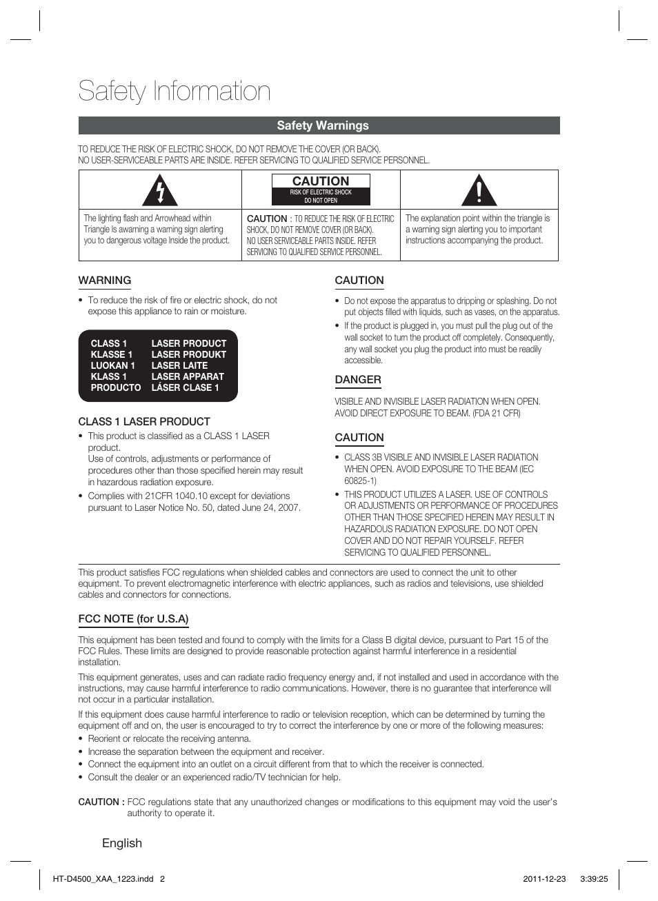 Safety information | Samsung HT-D4500-ZA User Manual | Page 2 / 78