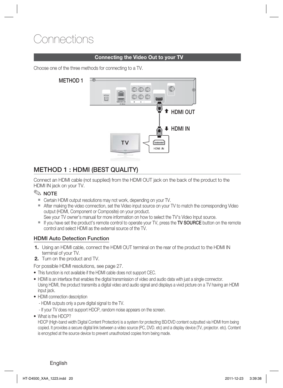 Connections, Method 1 : hdmi (best quality), Hdmi out hdmi in method 1 | Samsung HT-D4500-ZA User Manual | Page 20 / 78