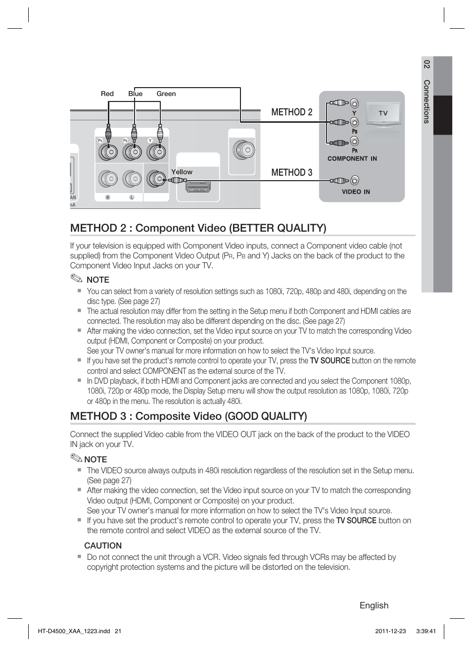 Method 2 : component video (better quality), Method 3 : composite video (good quality) | Samsung HT-D4500-ZA User Manual | Page 21 / 78