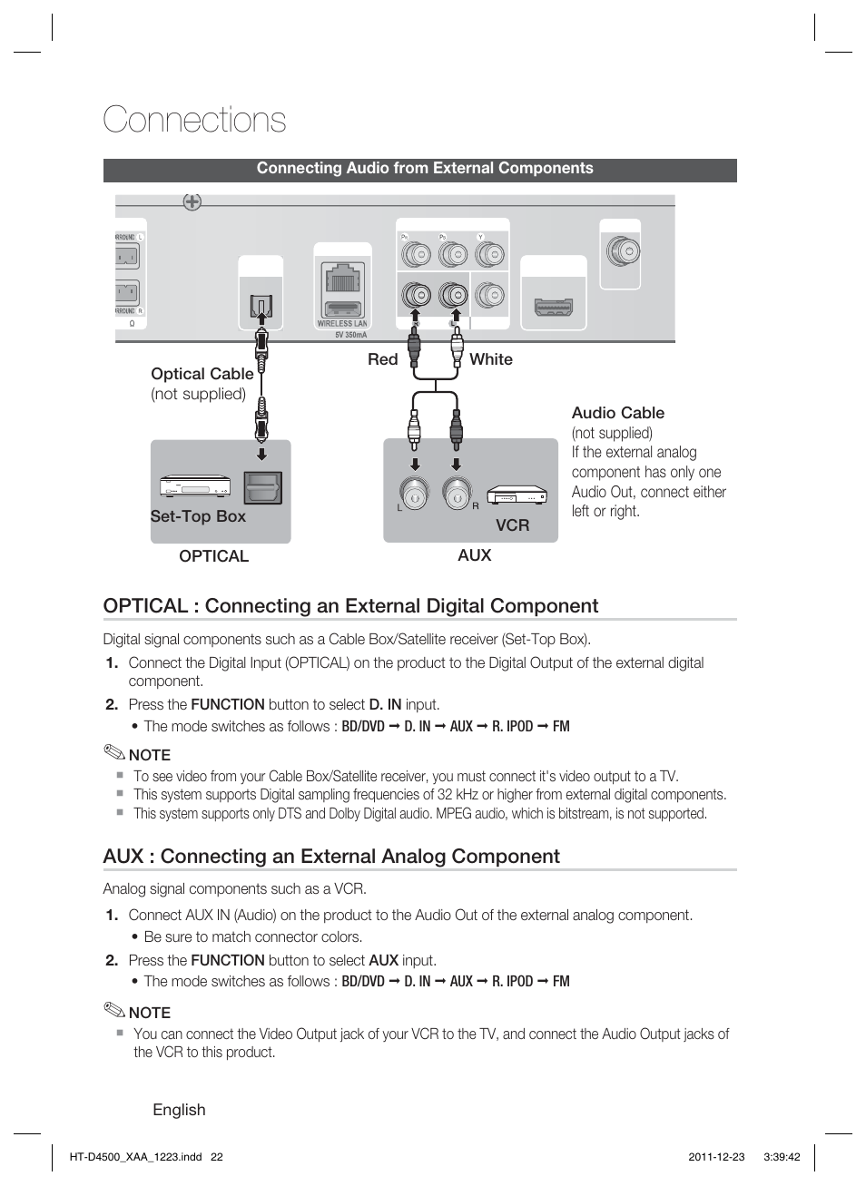 Connections, Optical : connecting an external digital component, Aux : connecting an external analog component | Samsung HT-D4500-ZA User Manual | Page 22 / 78