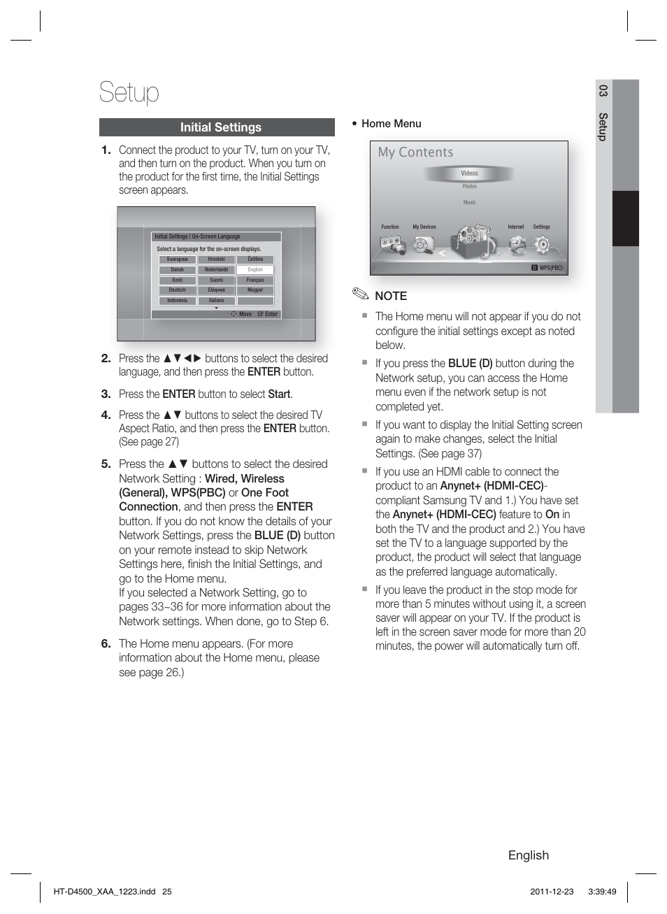 Setup, My contents | Samsung HT-D4500-ZA User Manual | Page 25 / 78