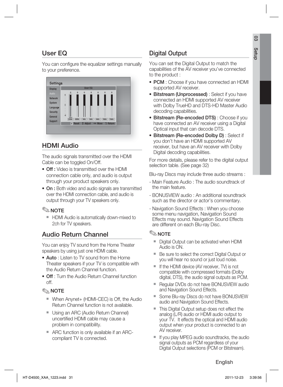 User eq, Hdmi audio, Audio return channel | Digital output, English | Samsung HT-D4500-ZA User Manual | Page 31 / 78