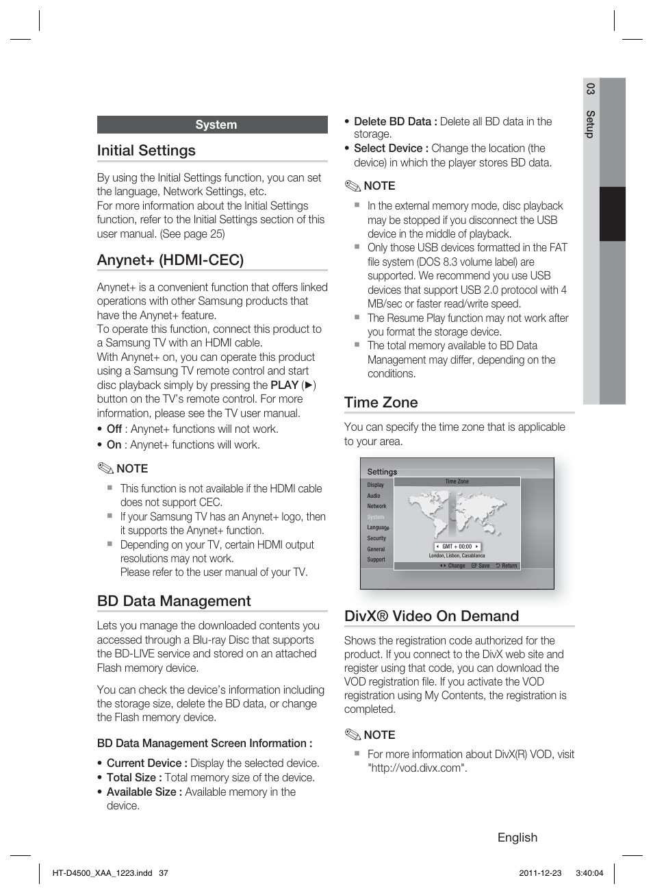Initial settings, Anynet+ (hdmi-cec), Bd data management | Time zone, Divx® video on demand | Samsung HT-D4500-ZA User Manual | Page 37 / 78