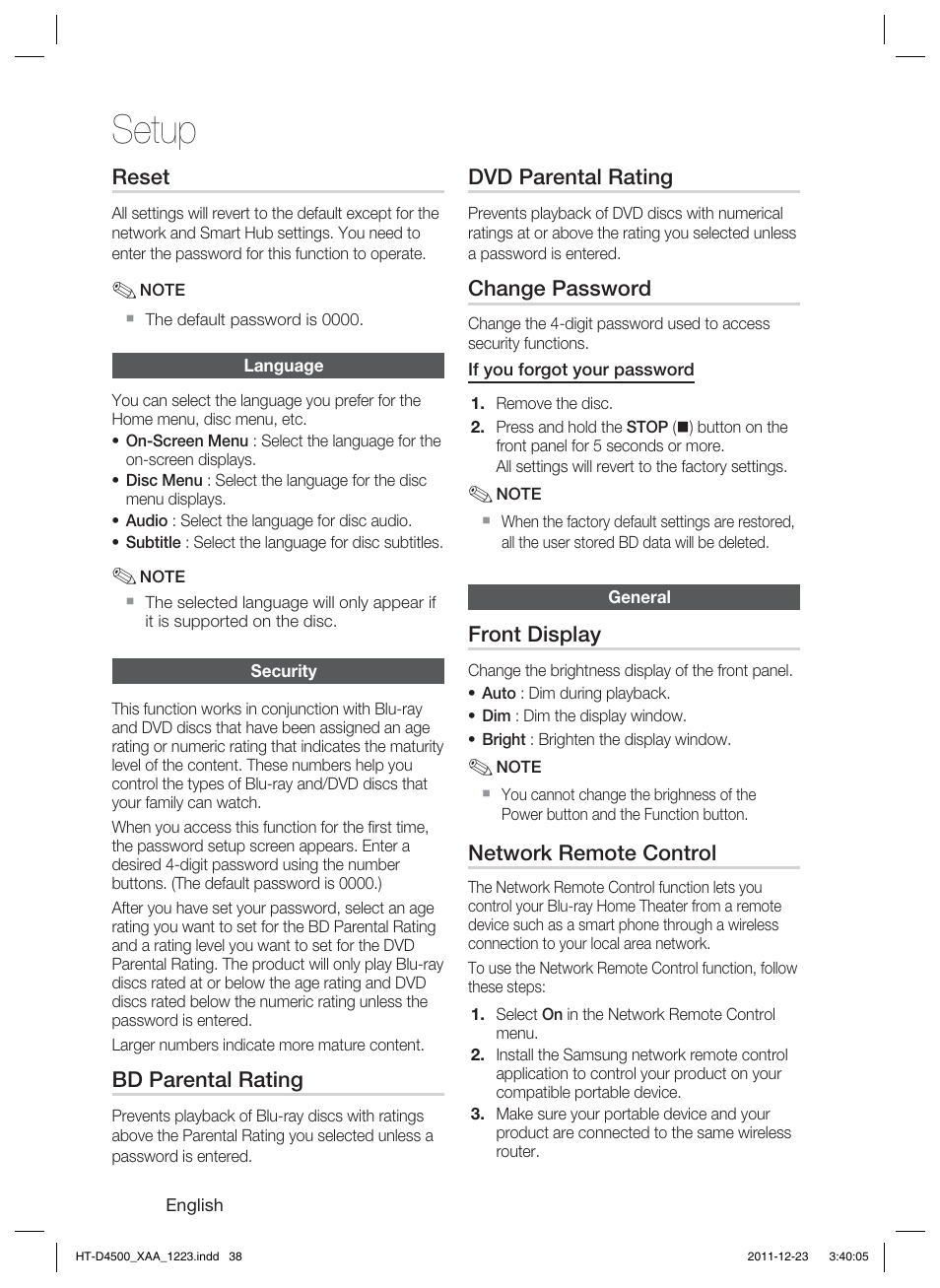 Setup | Samsung HT-D4500-ZA User Manual | Page 38 / 78