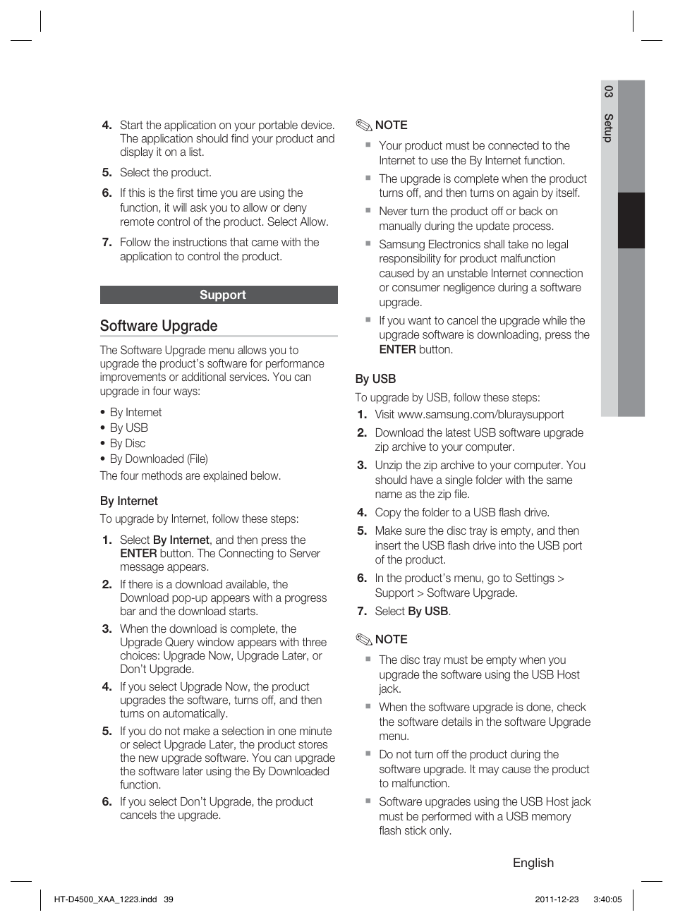 Software upgrade | Samsung HT-D4500-ZA User Manual | Page 39 / 78