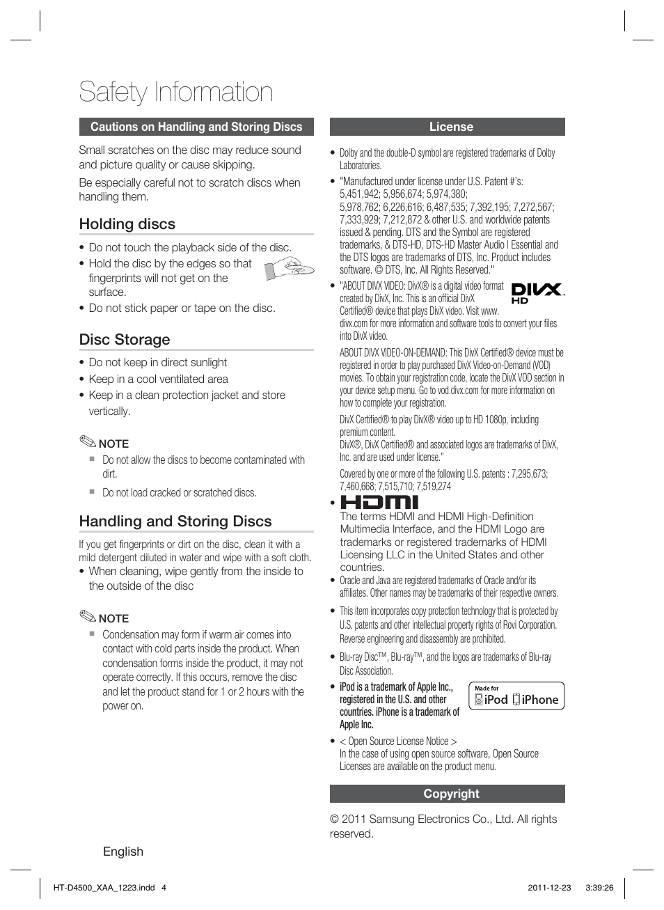 Safety information, Holding discs, Disc storage | Handling and storing discs | Samsung HT-D4500-ZA User Manual | Page 4 / 78
