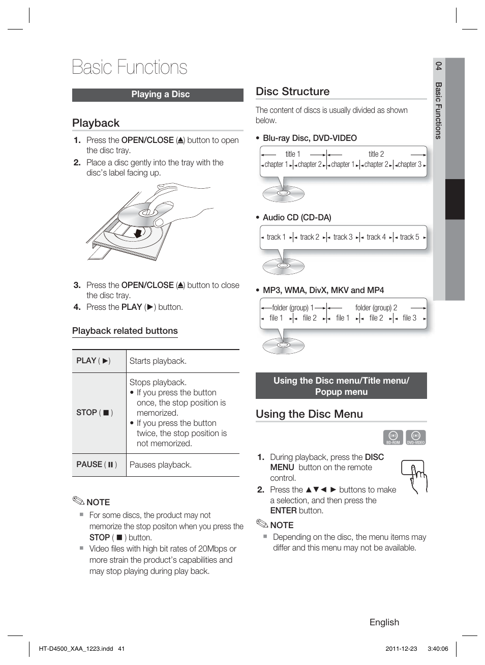Basic functions, Playback, Disc structure | Using the disc menu | Samsung HT-D4500-ZA User Manual | Page 41 / 78
