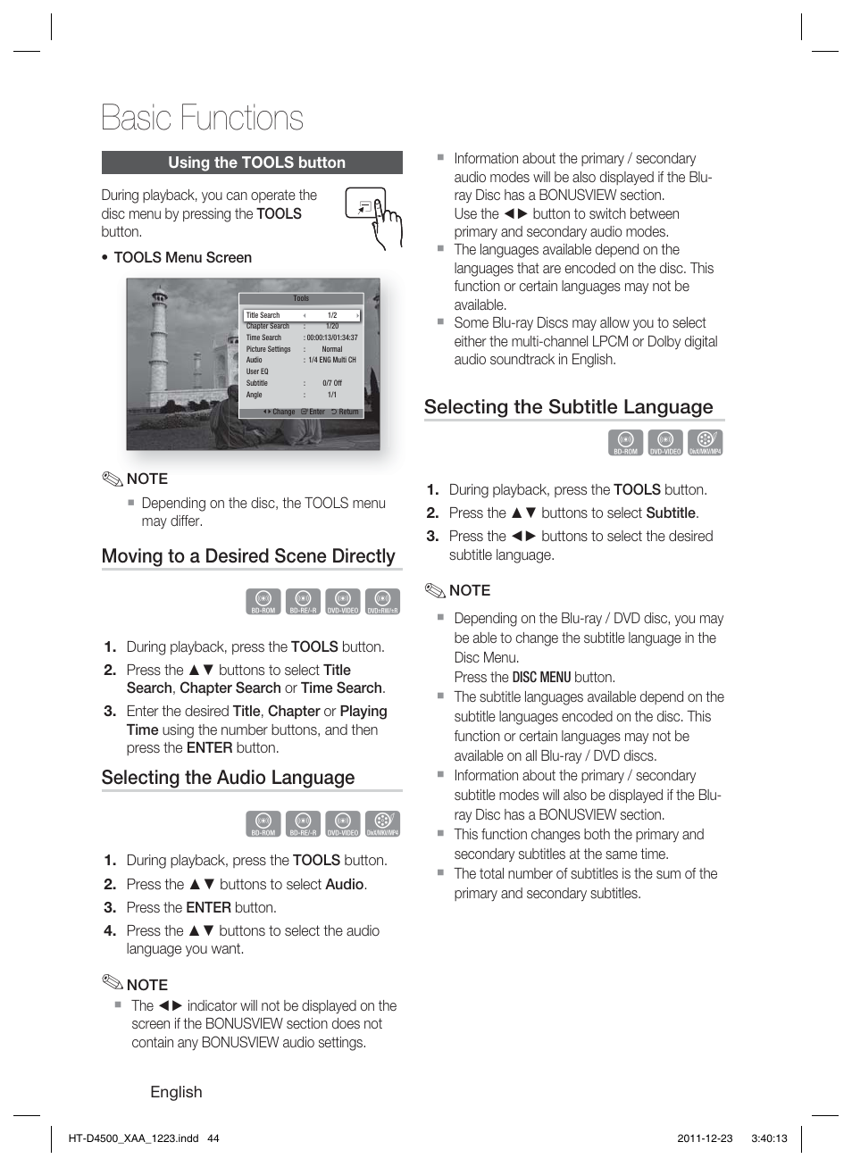 Basic functions, Hzzy, Hzzx | Moving to a desired scene directly, Selecting the audio language, Selecting the subtitle language | Samsung HT-D4500-ZA User Manual | Page 44 / 78