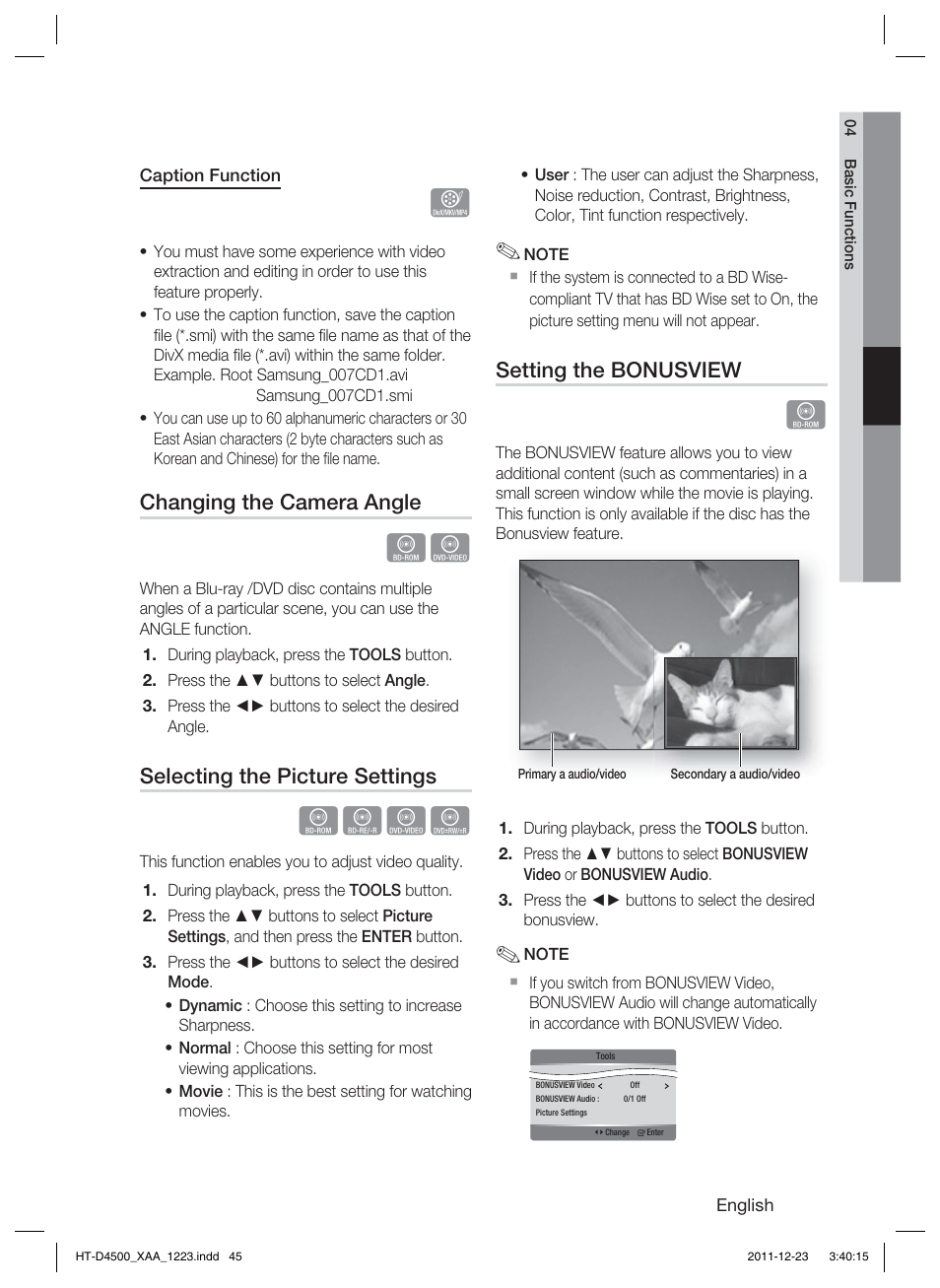 Hzzy, Changing the camera angle, Selecting the picture settings | Setting the bonusview | Samsung HT-D4500-ZA User Manual | Page 45 / 78