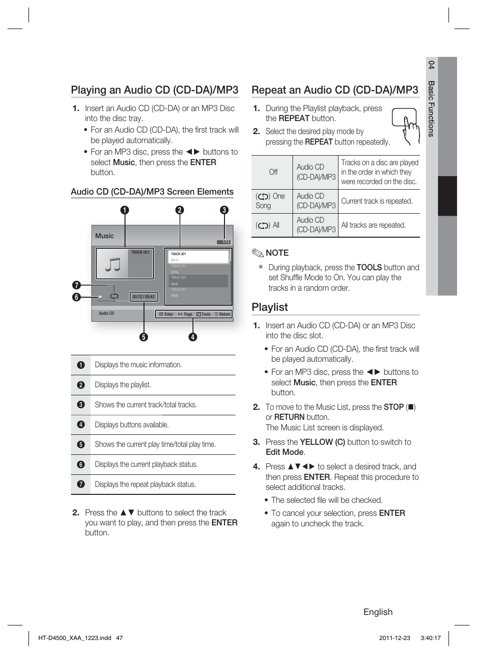 Playing an audio cd (cd-da)/mp3, Repeat an audio cd (cd-da)/mp3, Playlist | Samsung HT-D4500-ZA User Manual | Page 47 / 78