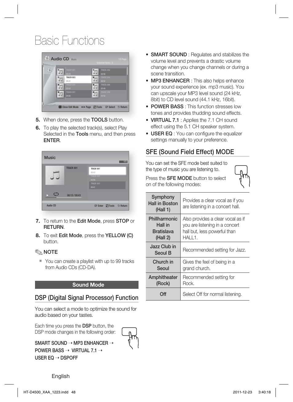 Basic functions, Dsp (digital signal processor) function, Sfe (sound field effect) mode | English, Sound mode | Samsung HT-D4500-ZA User Manual | Page 48 / 78