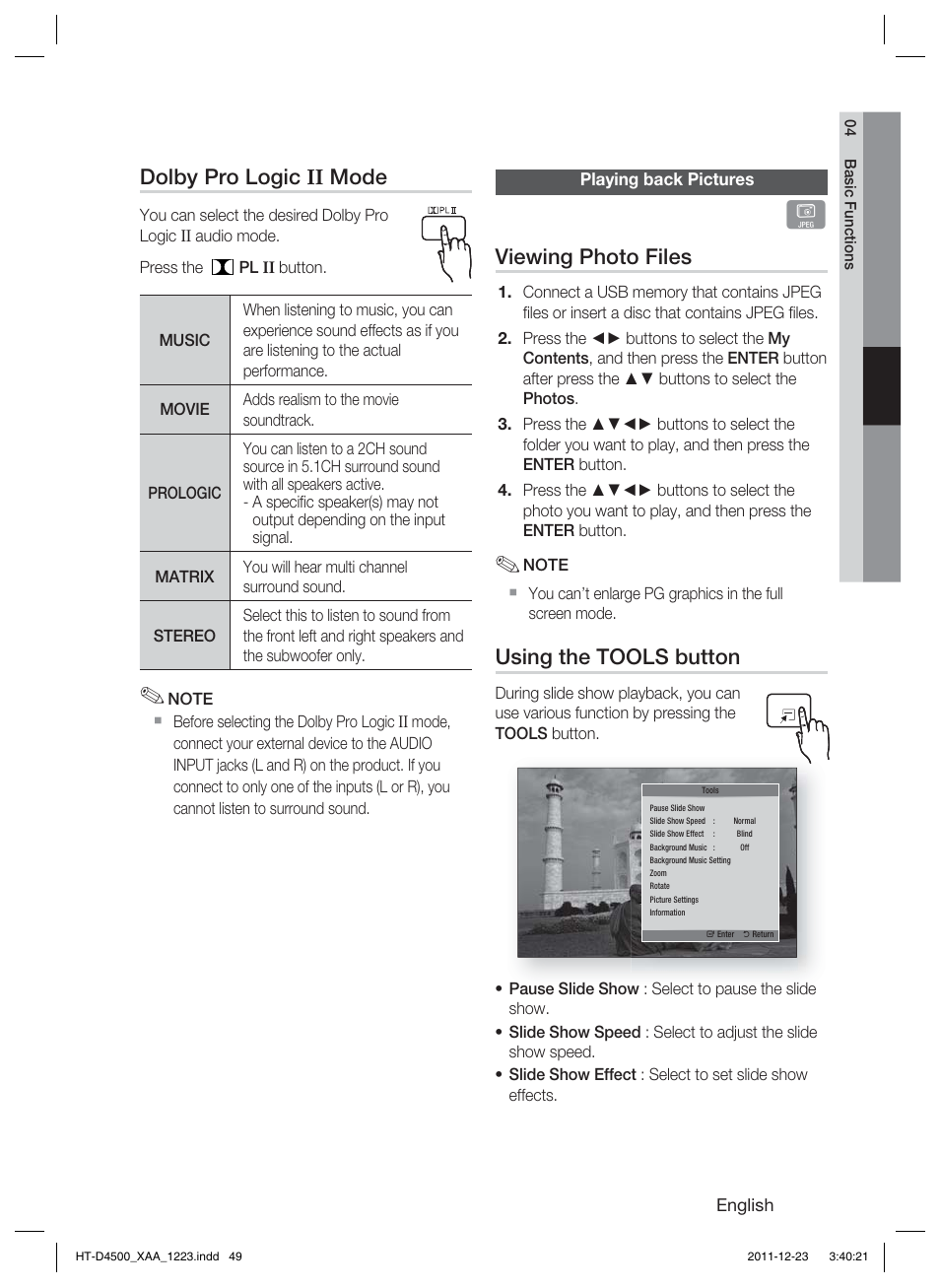 Dolby pro logic ii mode, Viewing photo files, Using the tools button | Samsung HT-D4500-ZA User Manual | Page 49 / 78