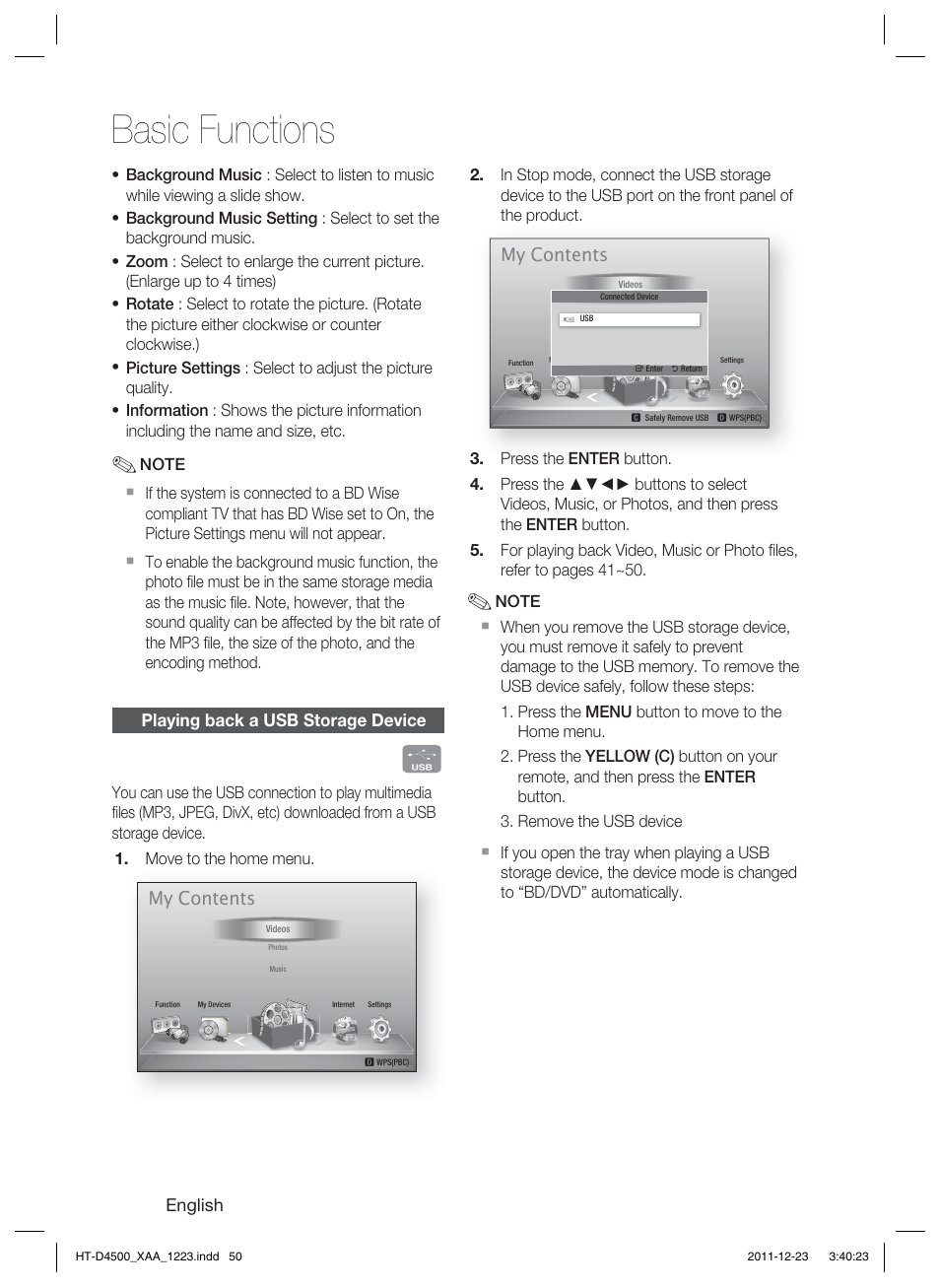 Basic functions | Samsung HT-D4500-ZA User Manual | Page 50 / 78