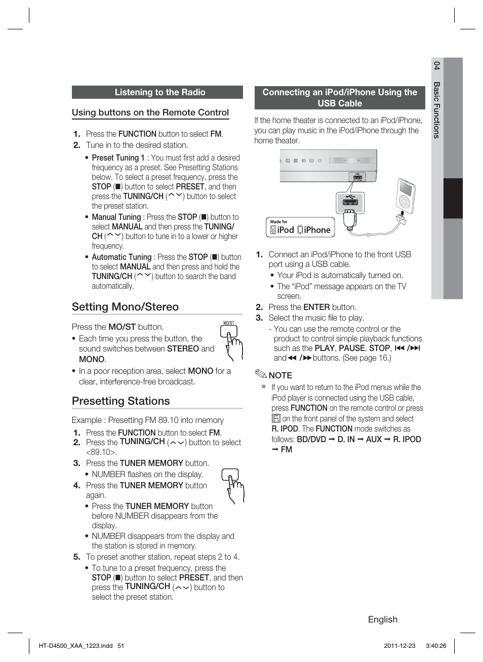 Setting mono/stereo, Presetting stations | Samsung HT-D4500-ZA User Manual | Page 51 / 78