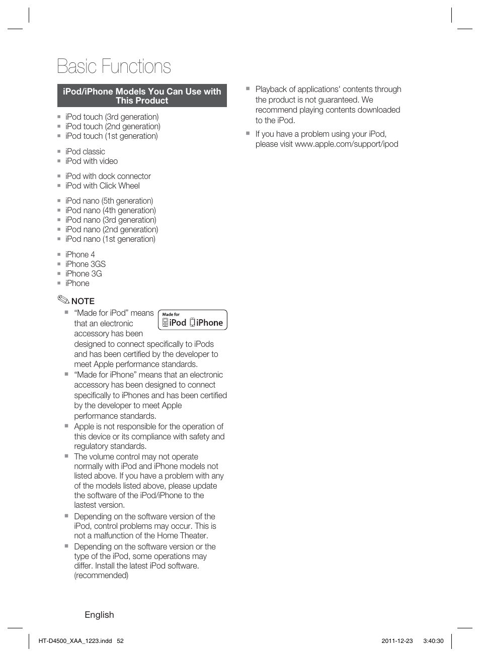 Basic functions | Samsung HT-D4500-ZA User Manual | Page 52 / 78