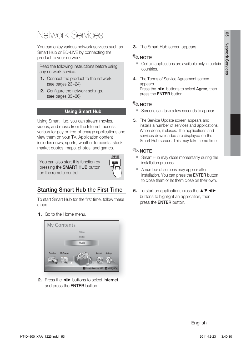 Network services, Starting smart hub the first time | Samsung HT-D4500-ZA User Manual | Page 53 / 78