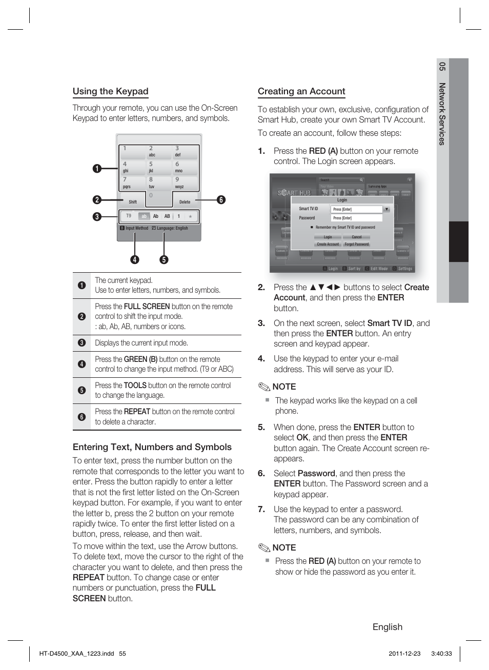 English, Using the keypad, Entering text, numbers and symbols | Creating an account, 05 network services | Samsung HT-D4500-ZA User Manual | Page 55 / 78