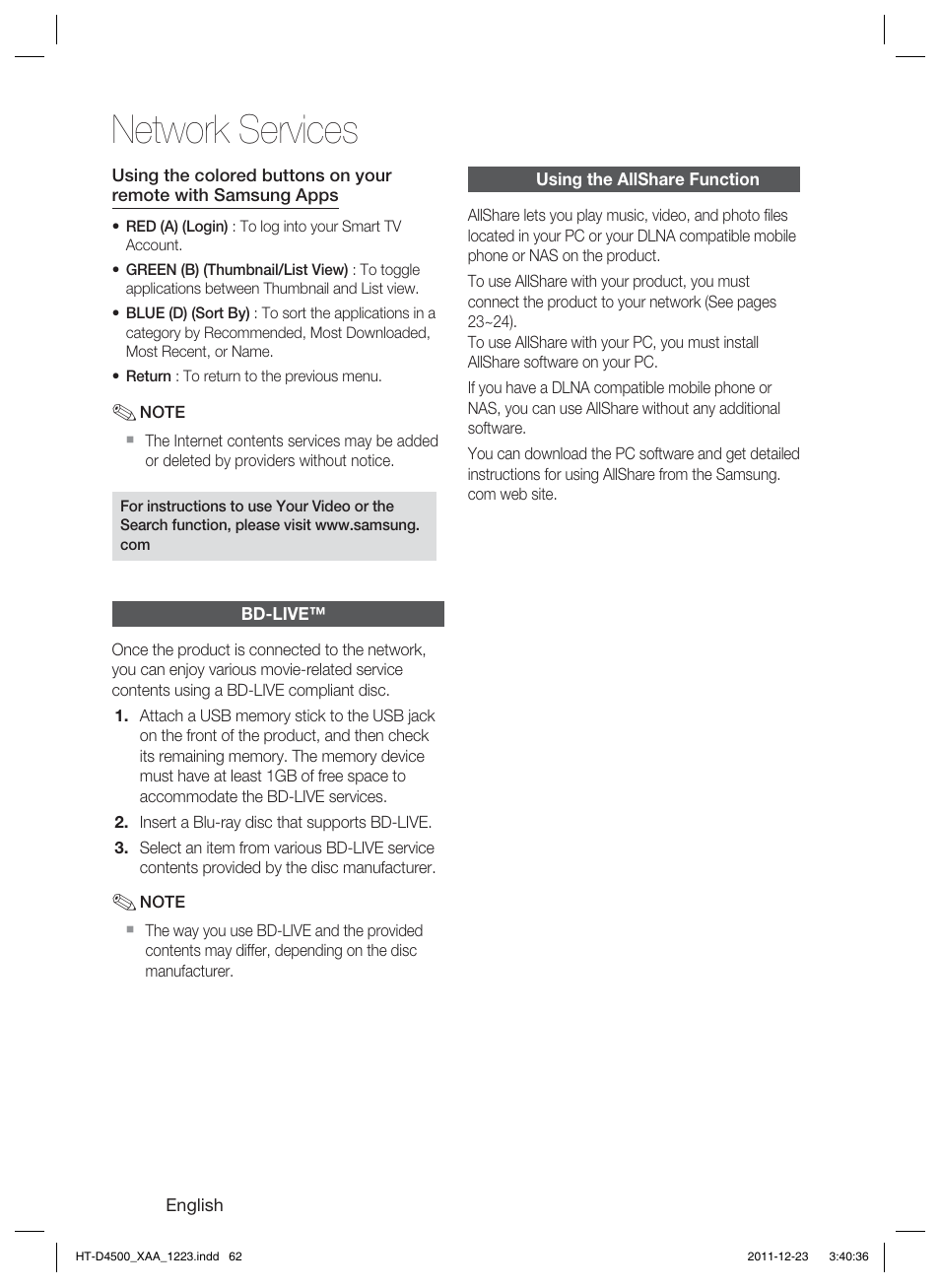 Network services | Samsung HT-D4500-ZA User Manual | Page 62 / 78