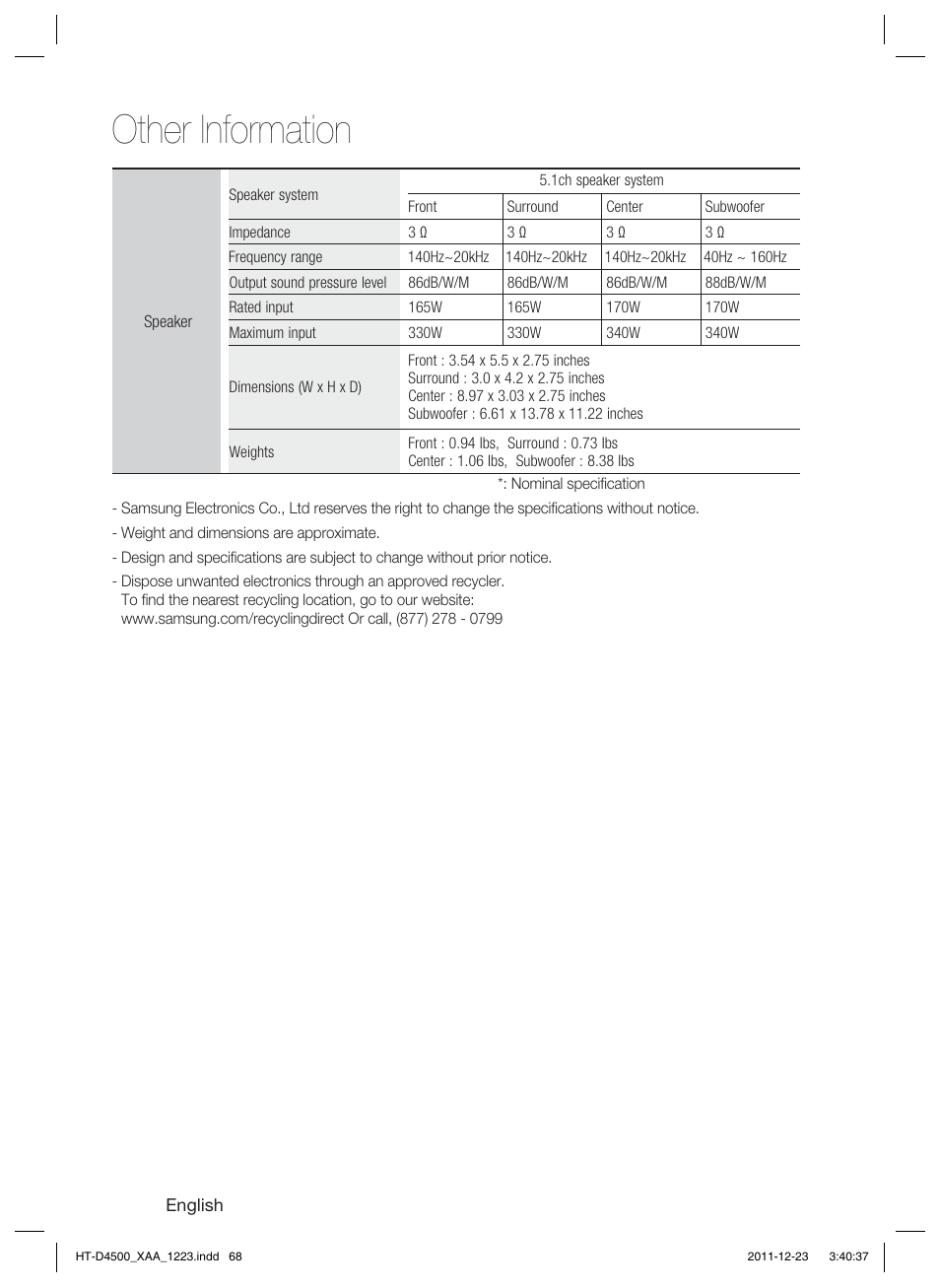 Other information | Samsung HT-D4500-ZA User Manual | Page 68 / 78