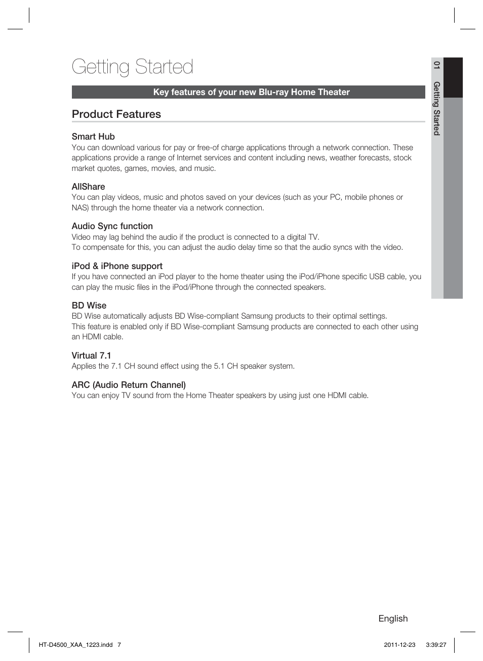 Getting started | Samsung HT-D4500-ZA User Manual | Page 7 / 78