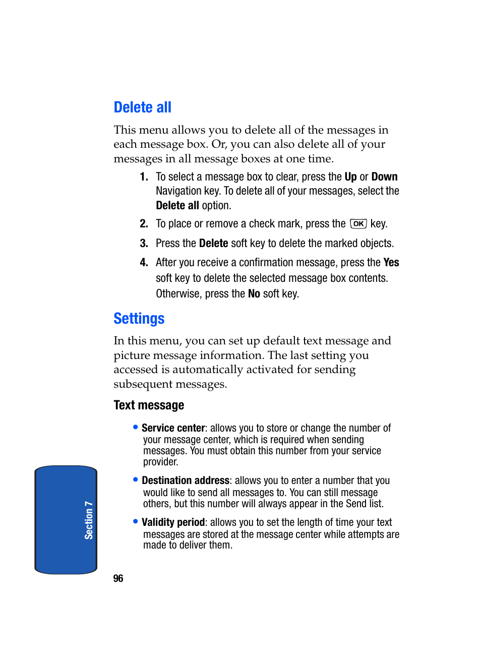 Delete all settings, Delete all, Settings | Samsung SGH-T629ASBTMB User Manual | Page 100 / 218