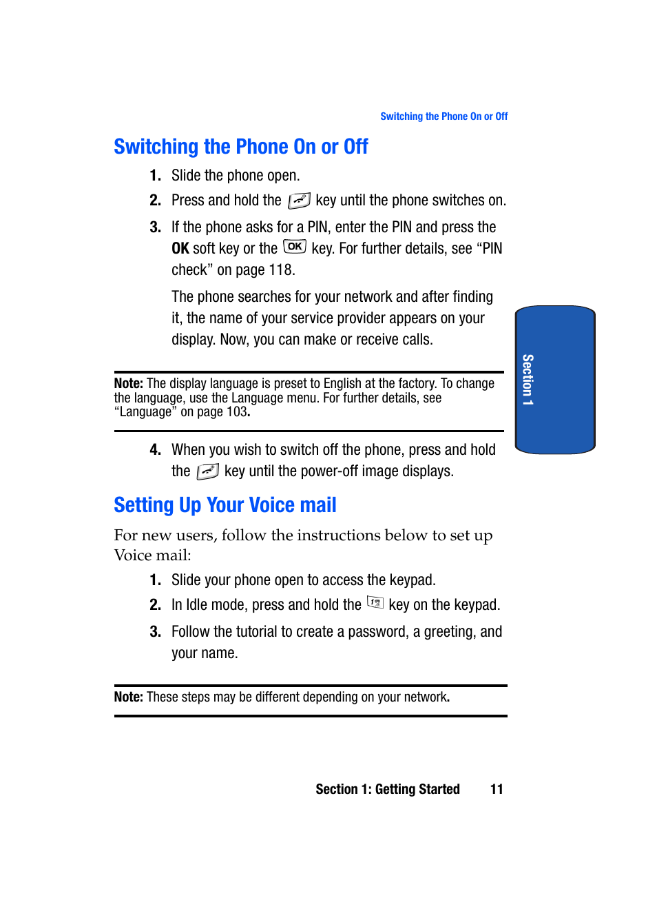 Switching the phone on or off, Setting up your voice mail | Samsung SGH-T629ASBTMB User Manual | Page 15 / 218