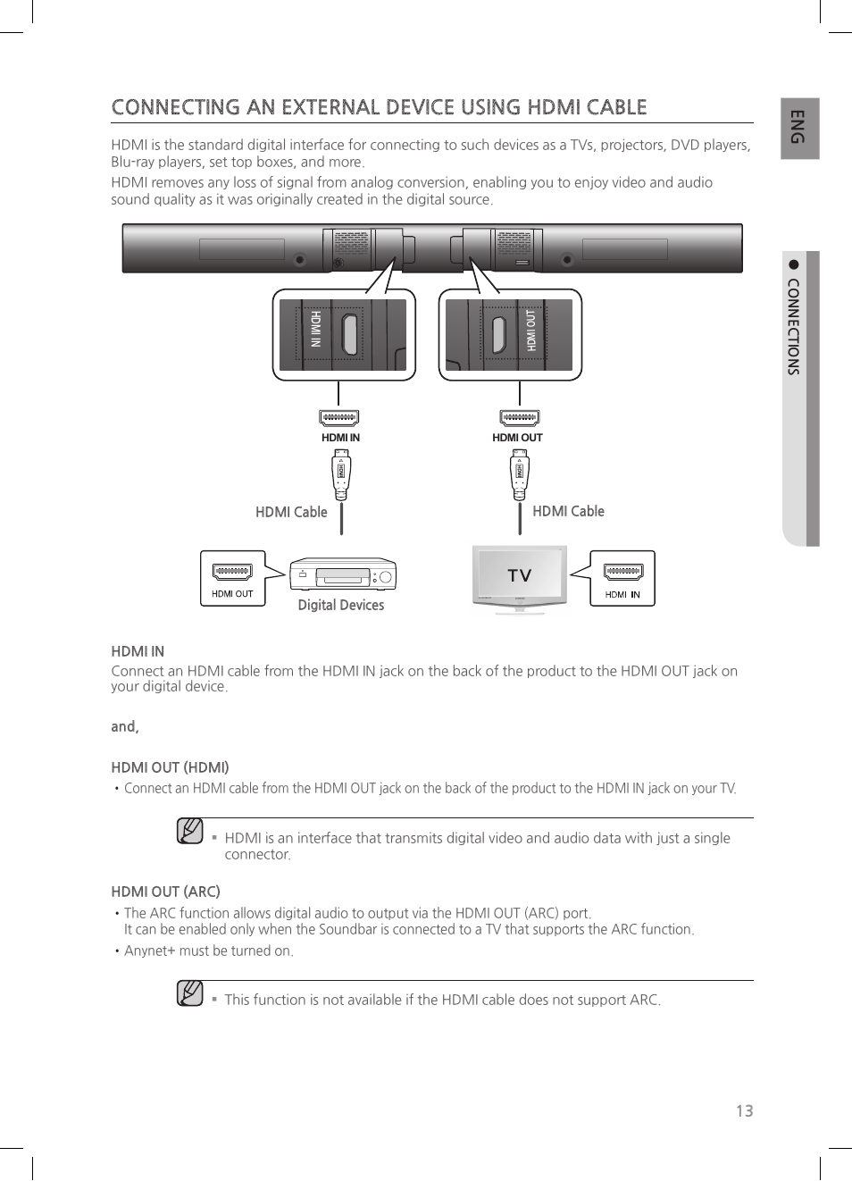 Connecting an external device using hdmi cable | Samsung HW-HM55C-ZA User Manual | Page 13 / 26