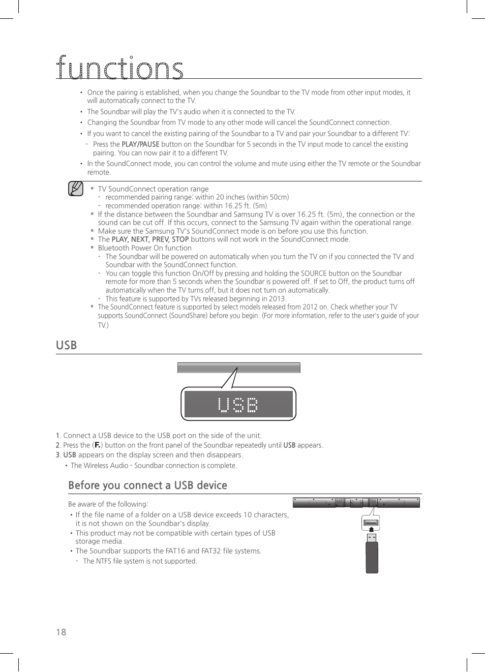 Functions, Before you connect a usb device | Samsung HW-HM55C-ZA User Manual | Page 18 / 26