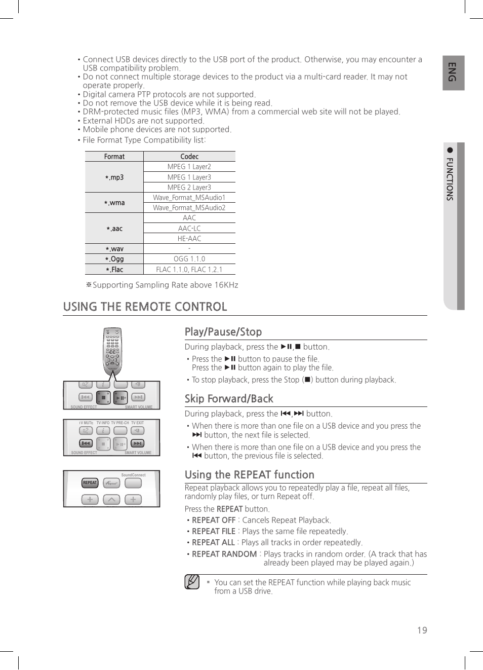 Using the remote control, Play/pause/stop, Skip forward/back | Using the repeat function, Supporting sampling rate above 16khz, Power tv power | Samsung HW-HM55C-ZA User Manual | Page 19 / 26