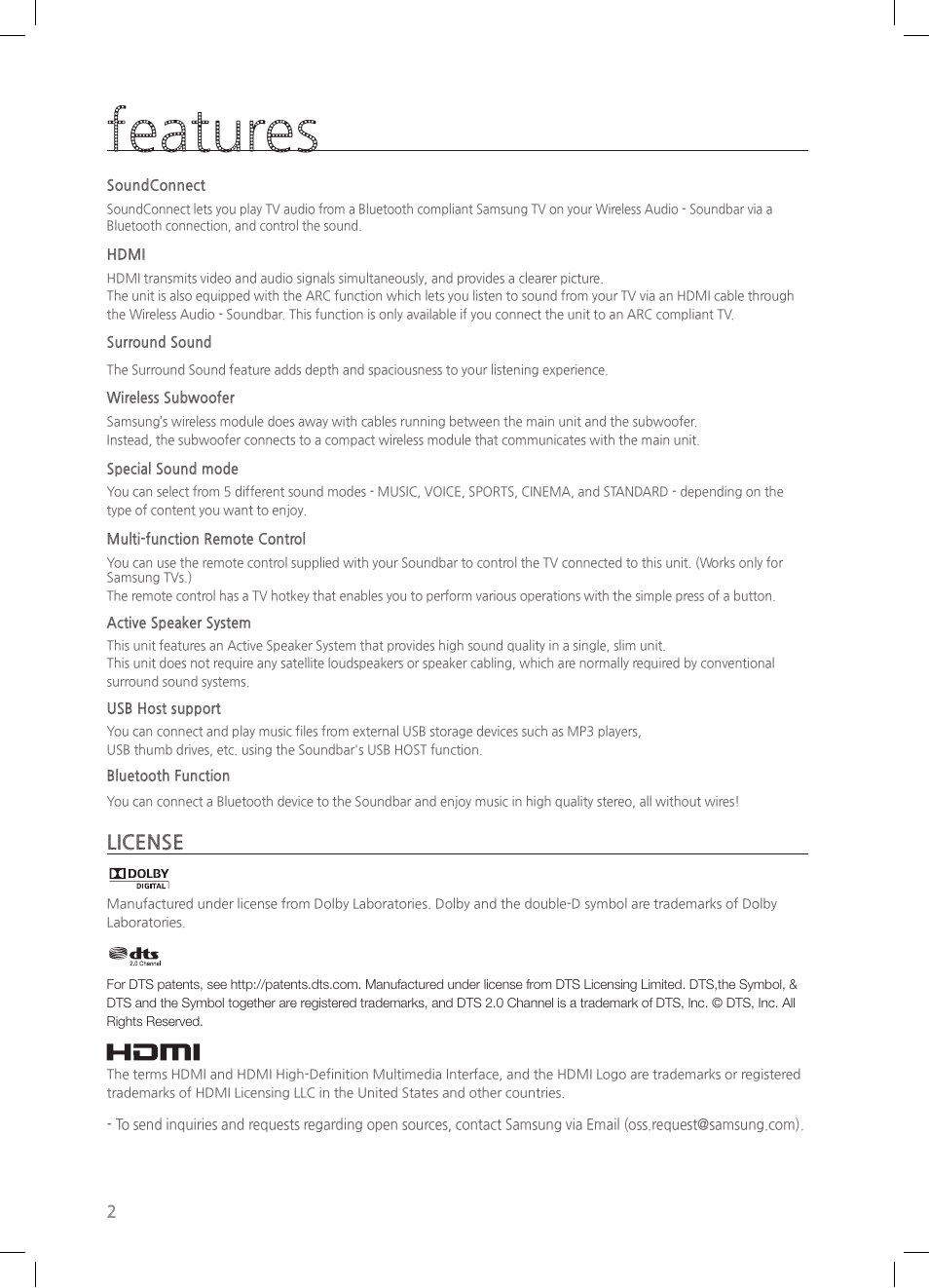 Features, License | Samsung HW-HM55C-ZA User Manual | Page 2 / 26