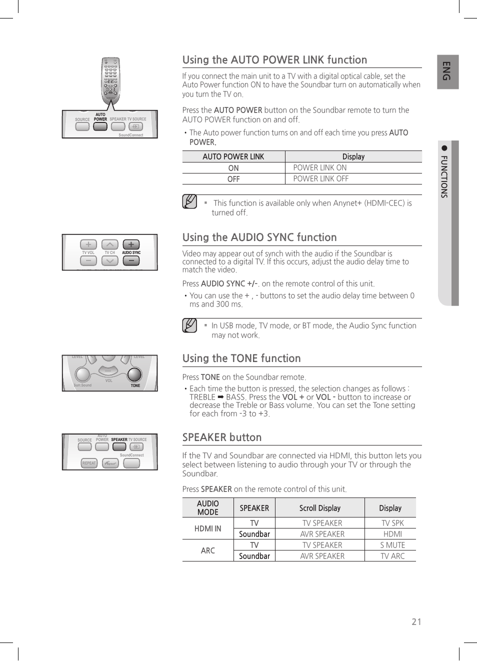 Using the auto power link function, Using the audio sync function, Using the tone function | Speaker button, Functions, Power tv power | Samsung HW-HM55C-ZA User Manual | Page 21 / 26