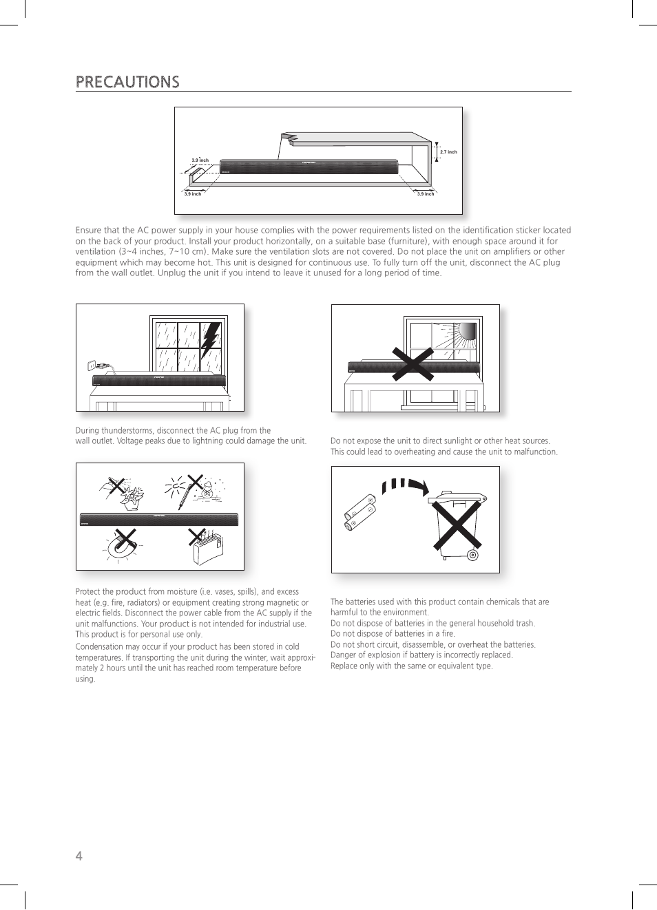 Precautions | Samsung HW-HM55C-ZA User Manual | Page 4 / 26