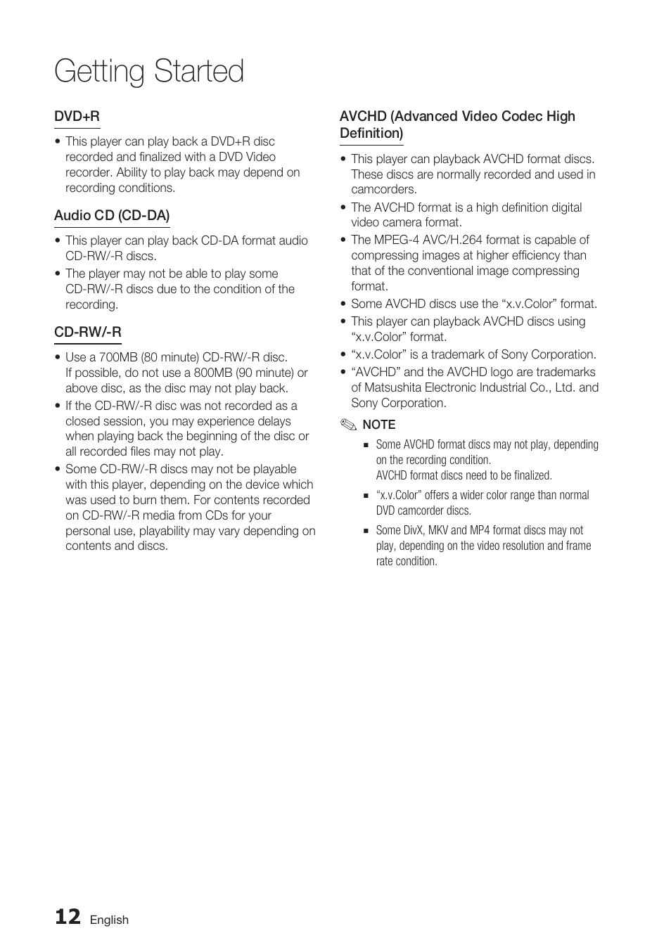 Getting started | Samsung BD-C5900-XAA User Manual | Page 12 / 72