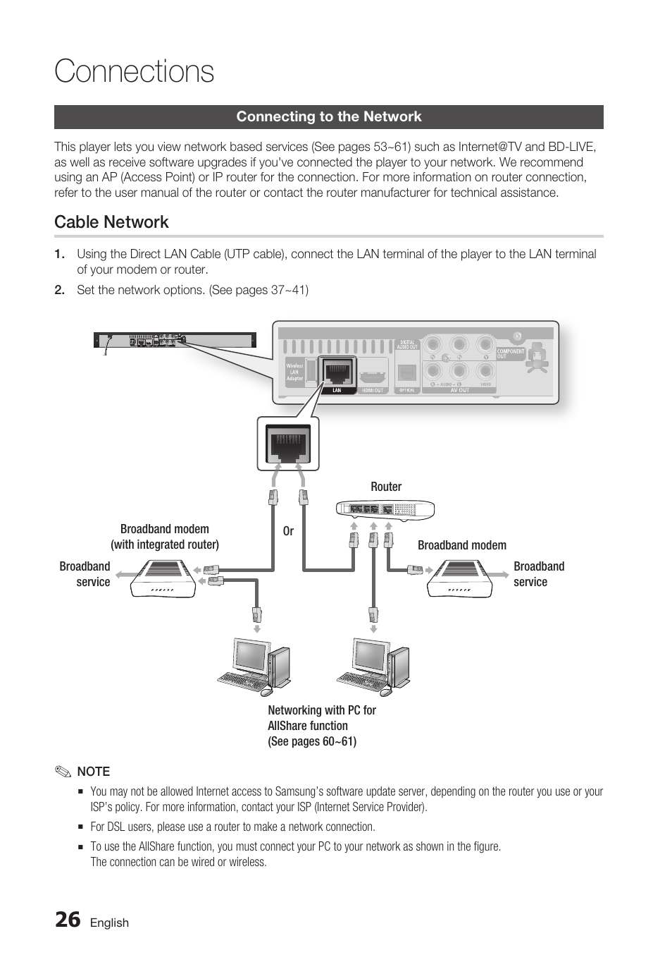 Connecting to the network, Cable network, Connections | Samsung BD-C5900-XAA User Manual | Page 26 / 72