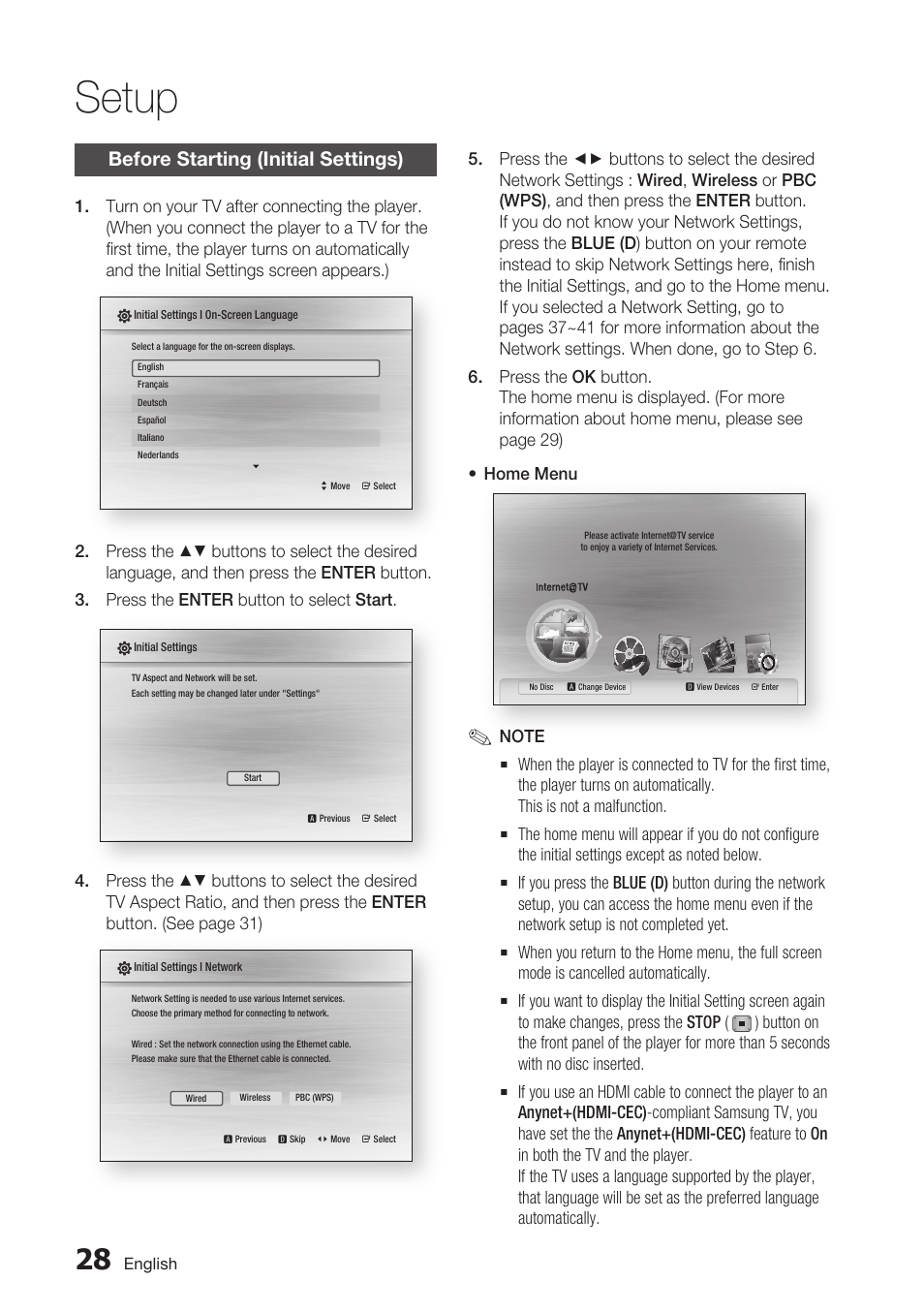Setup, Before starting (initial settings) | Samsung BD-C5900-XAA User Manual | Page 28 / 72