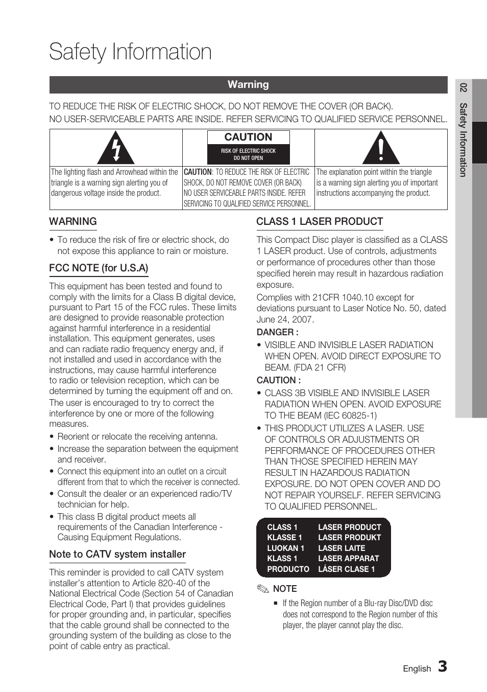 Safety information, Warning | Samsung BD-C5900-XAA User Manual | Page 3 / 72