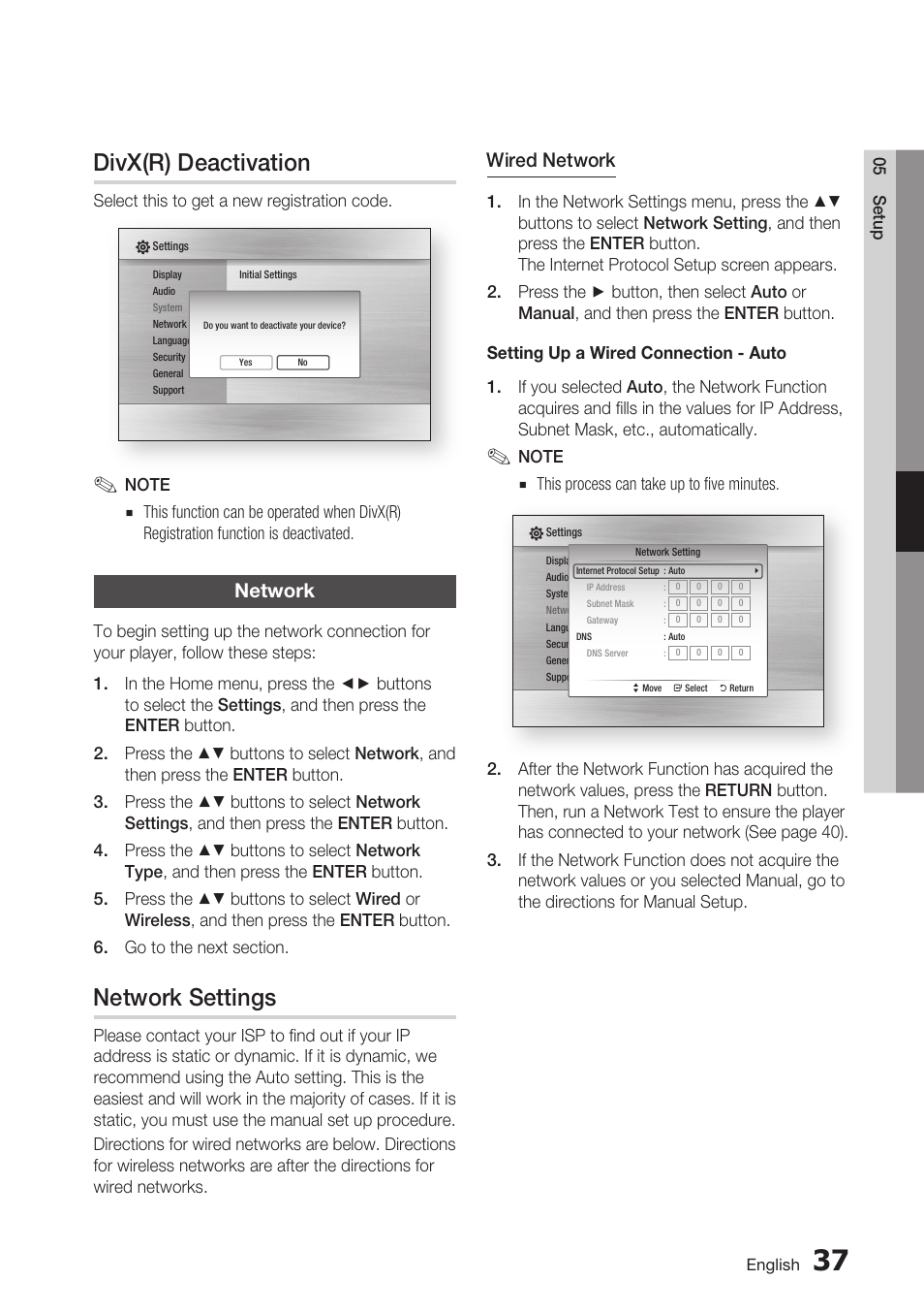 Divx(r) deactivation, Network, Network settings | Wired network | Samsung BD-C5900-XAA User Manual | Page 37 / 72