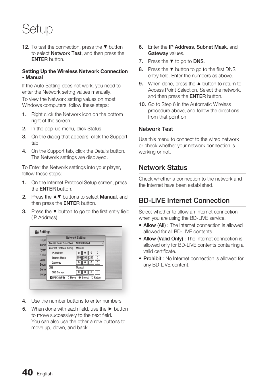 Network status, Bd-live internet connection, Setup | Samsung BD-C5900-XAA User Manual | Page 40 / 72