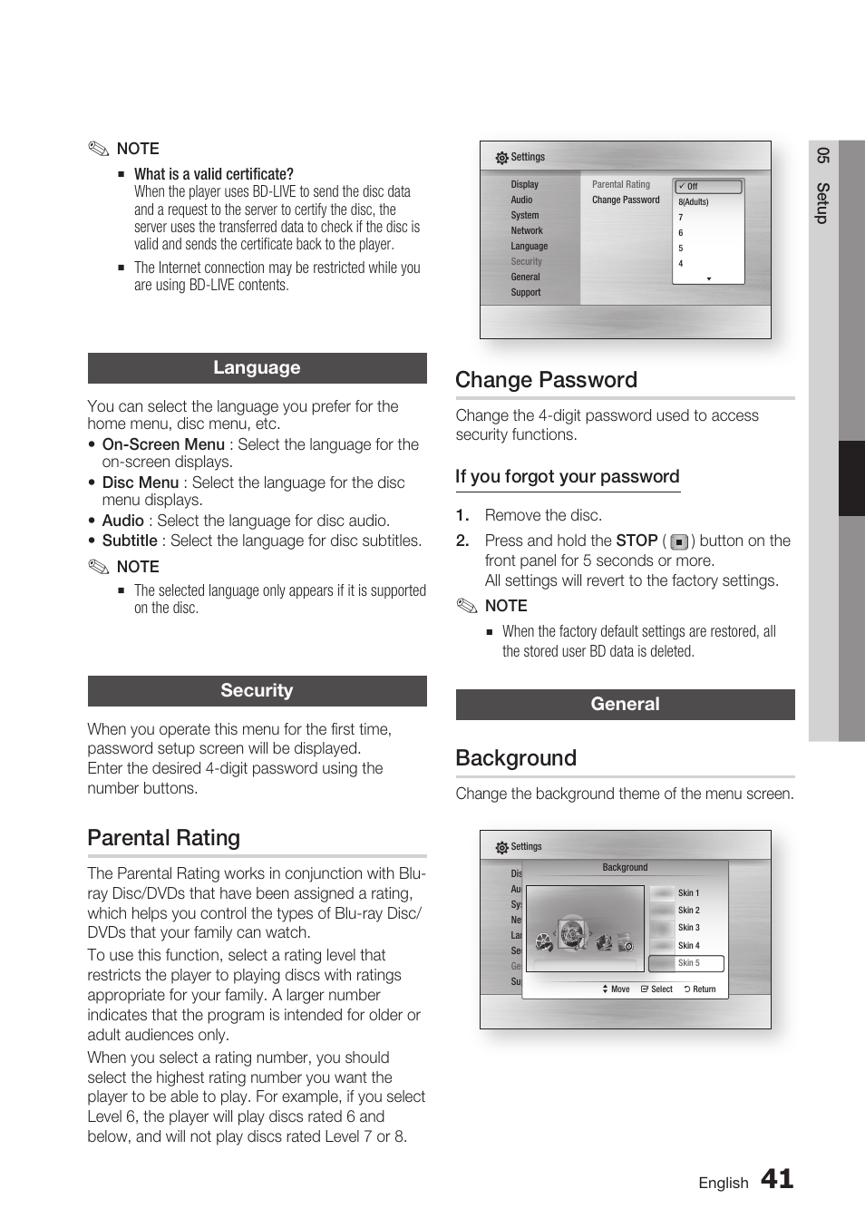 Language, Security, Parental rating | Change password, General, Background | Samsung BD-C5900-XAA User Manual | Page 41 / 72