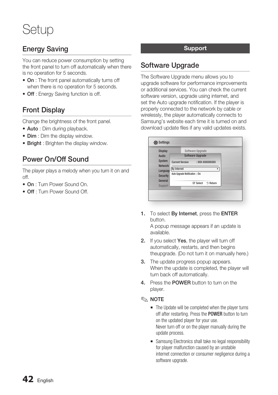 Energy saving, Front display, Power on/off sound | Support, Software upgrade, Setup | Samsung BD-C5900-XAA User Manual | Page 42 / 72