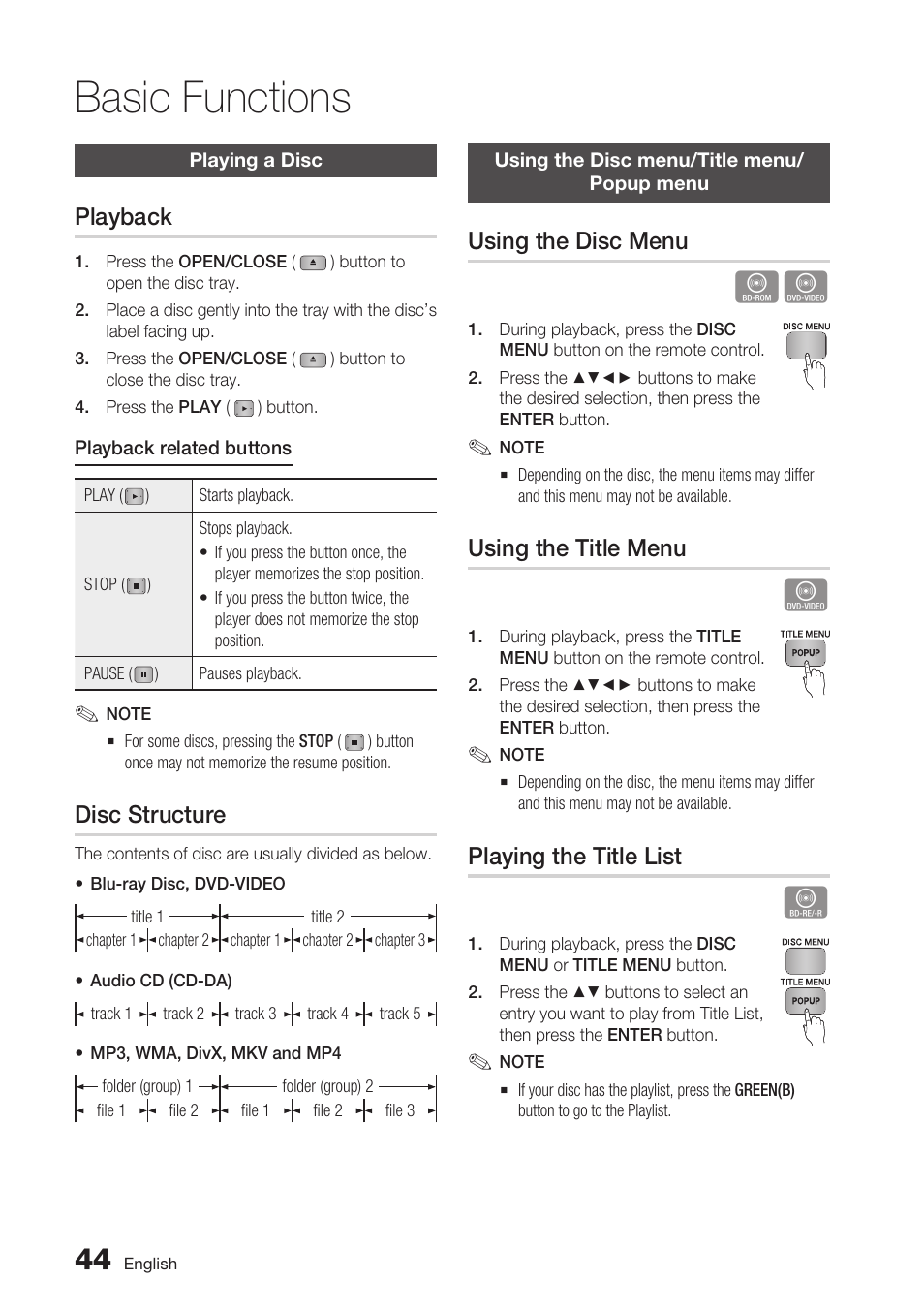 Basic functions, Playing a disc, Playback | Disc structure, Using the disc menu/title menu/popup menu, Using the disc menu, Using the title menu, Playing the title list | Samsung BD-C5900-XAA User Manual | Page 44 / 72