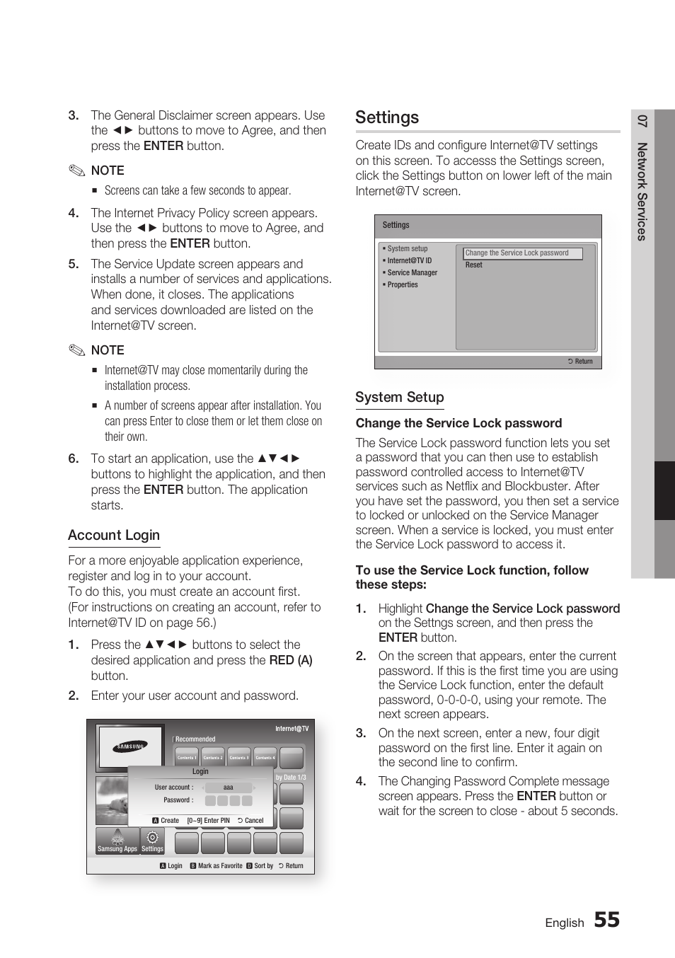 Settings, Account login, System setup | Samsung BD-C5900-XAA User Manual | Page 55 / 72