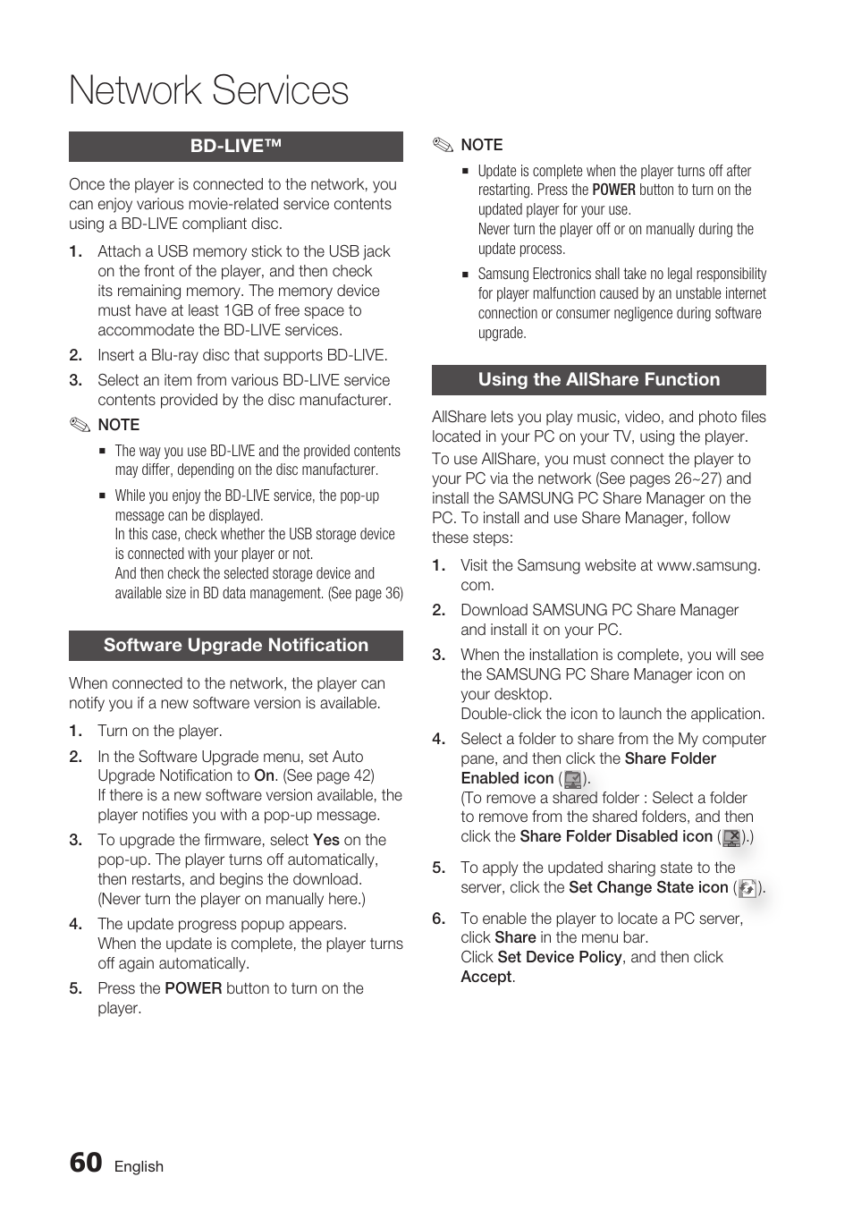 Bd-live, Software upgrade notification, Using the allshare function | Network services | Samsung BD-C5900-XAA User Manual | Page 60 / 72