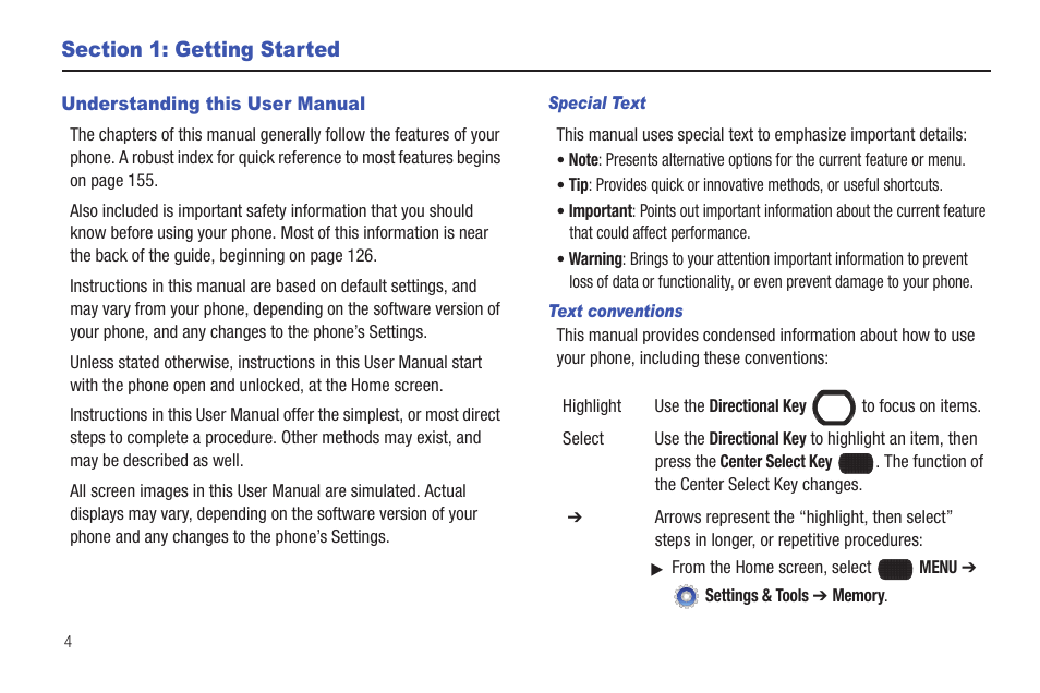 Section 1: getting started, Understanding this user manual | Samsung SCH-U660CNAVZW User Manual | Page 10 / 163