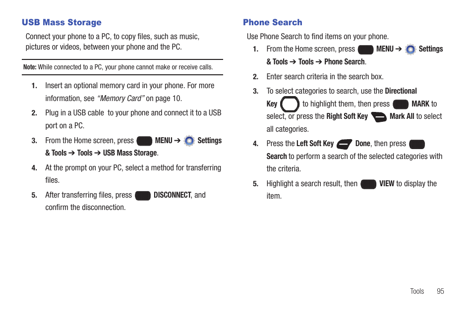 Usb mass storage, Phone search, Usb mass storage phone search | Samsung SCH-U660CNAVZW User Manual | Page 101 / 163