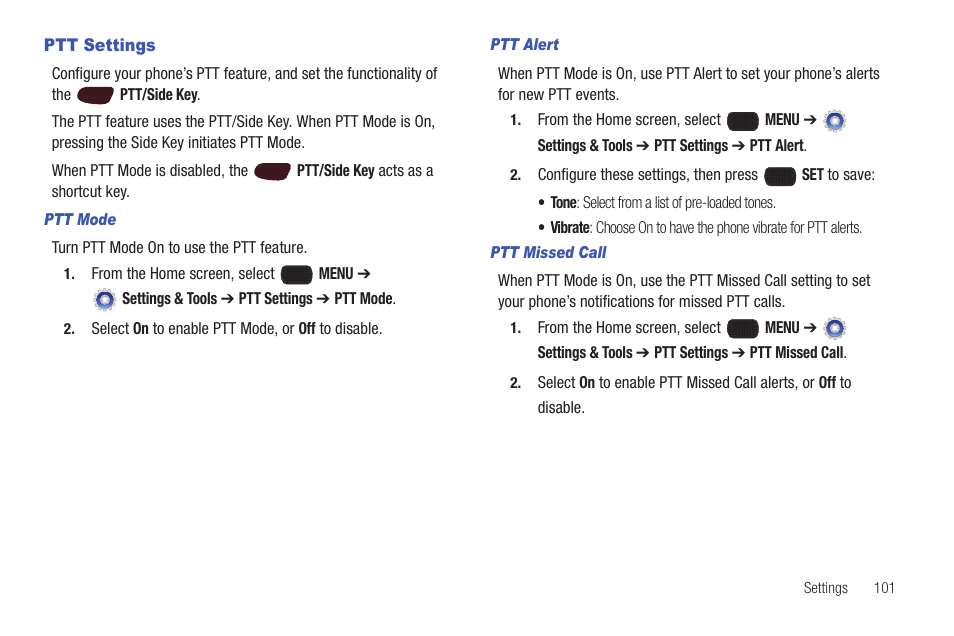 Ptt settings | Samsung SCH-U660CNAVZW User Manual | Page 107 / 163