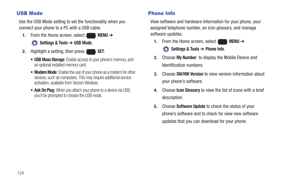 Usb mode, Phone info, Usb mode phone info | Samsung SCH-U660CNAVZW User Manual | Page 130 / 163